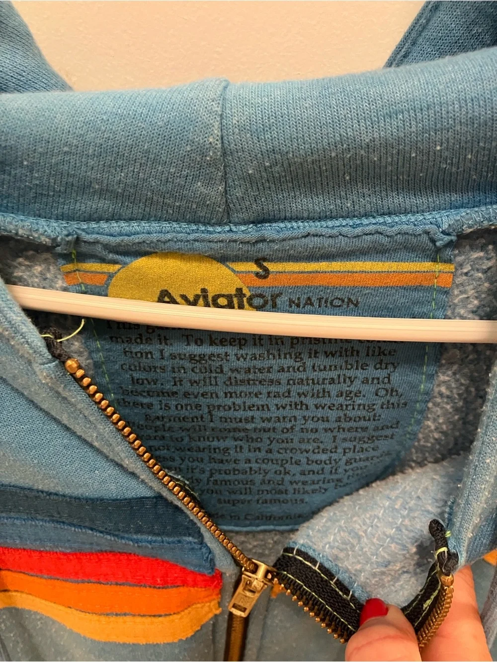 Aviator Nation Light Blue Zip Hoodie with Retro Sunset Stripes, Women’s Small - Picture 3 of 6
